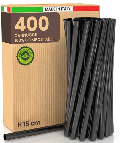400 Cannucce Nere 15 cm x 8 mm Larghe e Rigide per Cocktail 100% Ecologiche e Riutilizzabili - Cannucce Jumbo Biodegradabili e Compostabili - Made in Italy per Bevande Eventi Feste