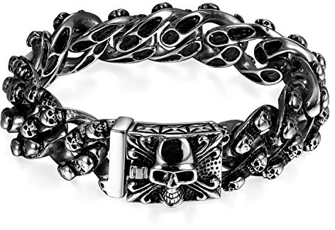 JewelryWe Pulsera para hombre, estilo motero, pulido gótico, grande, de acero inoxidable, con flor de lis y calavera, plata, 21.5 centimeters, Acero inoxidable, Sin piedra