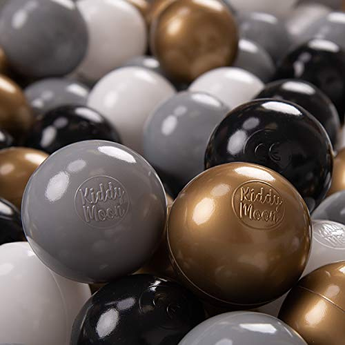 KiddyMoon 200 Ø 7 cm barnbollar lekbollar för bollbad baby plastbollar tillverkade i EU, vit/grå/svart/guld