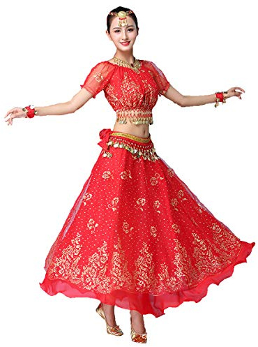 Grouptap Bollywood red indian womens ladies fancy anarkali salwar kameez dress arabian princess belly dance skirt outfits costume (Red, 150-170 cm, 45-70 kg)