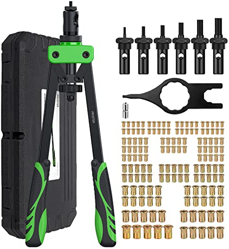 Proster Heavy Duty Rivet Nut Gun Tool Kit 14 with 150Pcs M3 M4 M5 M6 M8 M10 Rivet Nuts & 6Pcs Metric Mandrels High-Strength Alloy Steel Rivet Nut Setter Kit Hand RIV Nut Gun Set with Storage Box