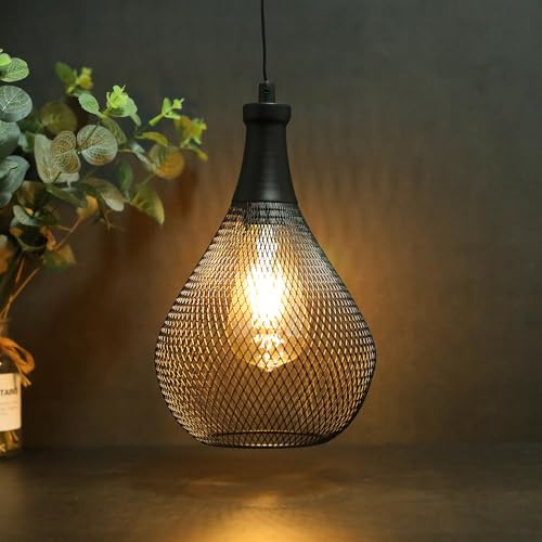 JHY DESIGN Dekorativ Hänglampa Batteridriven med 6-timmars Timerfunktion 30cm H, Batterilampa Bordslampa för Sovrum, Trädgård, Barer, Patio, Inomhus/Ute Vardagsrum (Svart Droppform)
