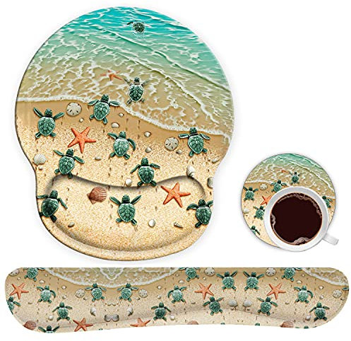 Ergonomische Mauspad Handgelenkstütze Gel und Tastatur Handgelenkauflage Set für Laptop, Gaming und Büro, langlebig, Meeresschildkröten am Strand, Seestern Muschel Blau Ozean