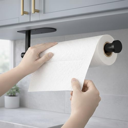 Paper Towel Holder, Self Adhesive or Screw Mounting, Black Wall Mount SUS304 Stainless Steel Paper Towel Holder Under Cabinet for Kitchen, Counter, Cabinet, Bathroom
