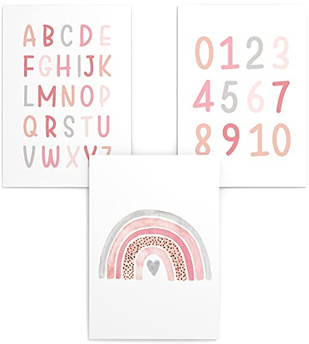 Papierschmiede® Kinderposter 3er Set Lernposter, DIN A4 (21x30 cm) Wanddeko, Geschenk für Mädchen Kinderzimmer Vorschule| Alphabet Buchstaben, ABC Zahlen Regenbogen rosa