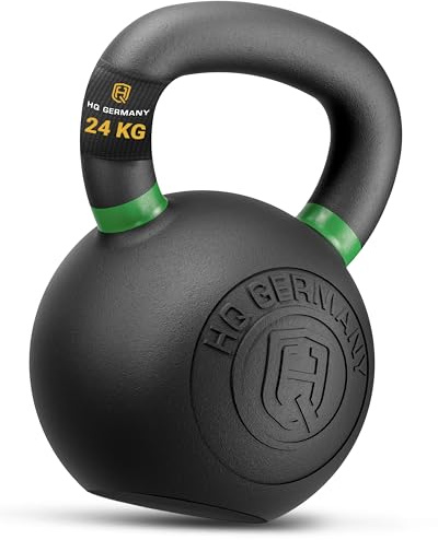 HQ Germany® Kettlebell Powdercoat [Pulverbeschichtung] - Kugelhantel 2-32kg | Vollguss ohne Schweißnähte, ±2% kalibriert, optimierte Gussform je Gewicht, Beschichtung platzt nicht ab, Farbcodes nach Norm