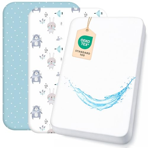 Lovely Hippo 2X Spannbettlaken 90x55 cm 100% Baumwolle + 1X Matratzenschoner 100% wasserdichtem Material - Set 3X 90x55 - Kompatibel Kinderkraft Neste Up (Blaue Tiere, 55 x 90 cm)