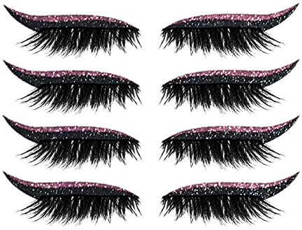 4 Pairs False Eyelashes Reusable 2 in 1 Eyelash Artificial Fiber Instant Winged Outline Glitter Eyeliner Stickers for Women Fake
