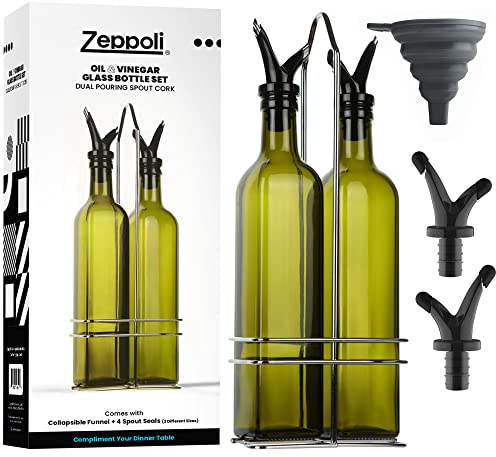Zeppoli Oil Bottle Set with Dual Spout - Pouring Funnel, Stainless Steel Rack, Glass Cruets, and Oil Pack for Kitchen