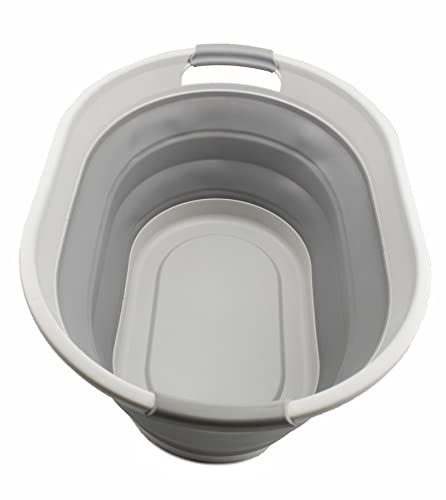 SAMMART 28L Ovaler zusammenklappbarer Wäschekorb aus Kunststoff – Faltbarer Pop-Up-Aufbewahrungsbehälter/Organizer – Tragbare Waschwanne – Platzsparender Wäschekorb (1, Weiß/Grau)