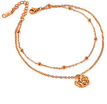 Kim Johanson Edelstahl Damen Fußkettchen *Flower* in Silber, Gold & Roségold | Doppelte Fußkette mit Kugeln | Blume Anhänger | Frauen Boho Schmuck | Wasserfest | Rose | Verstellbar inkl. Schmuckbeutel