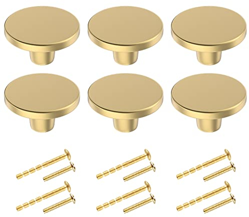 BIGLUFU 6 Pezzi Pomolo per Mobili Rotondo, Oro Pomelli per Porta 30mm Maniglia per Armadietto con Viti per Porte Armadietti Cassetti e Guardaroba Accessori Mobili