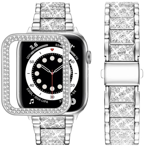 wutwuk Kompatibel mit Apple Watch Armband 41mm Damen, Strass Metall Armbänder mit Glitzer Harter PC Gehäuse Bling Diamant Ersatzarmband für iWatch Series 9 8 7 41mm, Silber
