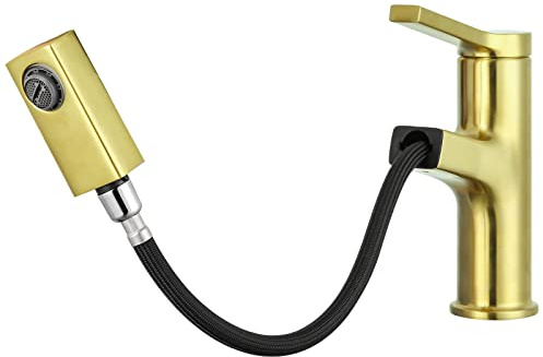 GAPPO Single Handle Lavatory Sink Mixer Tap, 360 Degree Swivel Pull Out Sprayer Zinc Alloy Material, Drip-Free Ceramic Cartridge, Multi-Mesh Aerator, Brushed Gold Finish
