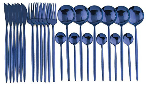 24 stücke Gold Geschirr Set 18/10 Edelstahlbesteck Set Gabelmesser Löffel Geschirr Set Flatware Set Silberwaren Set essgeschirr (Color : 24pcs Blue)