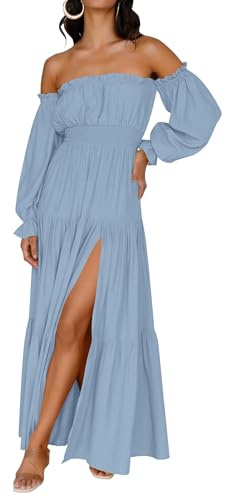 ZESICA Women's Boho Off Shoulder Spring Long Sleeve Dress 2026 High Waist Side Split Sexy Flowy A Line Long Maxi Dresses LightBlue Medium