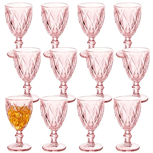 Yinder Glass Goblet Vintage Wine Goblet Embossed Glassware 10 oz Solid Color Glass Stemmed Cups for Iced Tea Beverage Soda Juice Water Liquor and Party Wedding Bars Restaurants(Pink,12 Pack)