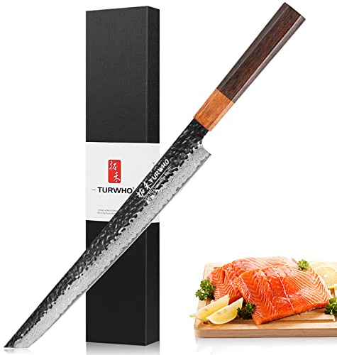 TURWHO 10.5-inch Japanese Sashimi Knife Hand Forged 67 Layers Damascus Steel Salmon Kitchen Knives