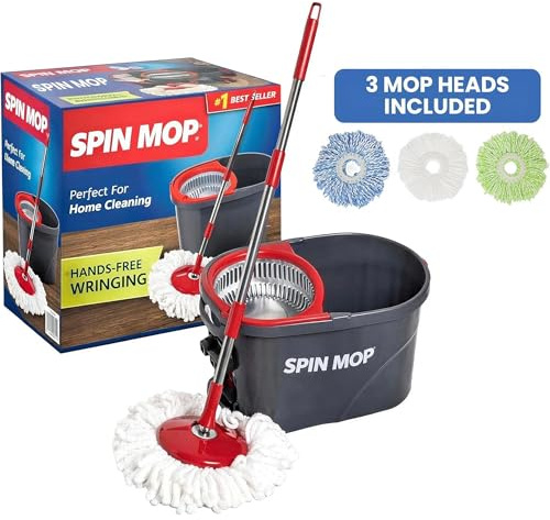 SIMPLI-MAGIC, Fregona giratoria y Cubo con Juego de escurridor, Sistema de Limpieza de Cubo de fregona con Pedal de pie, rotación de 360°, 3 Cabezales de fregona de Microfibra