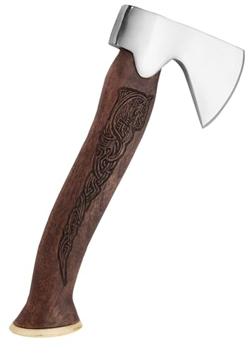 Wikinger Jagdbeil mit verziertem Holz Griff in Braun