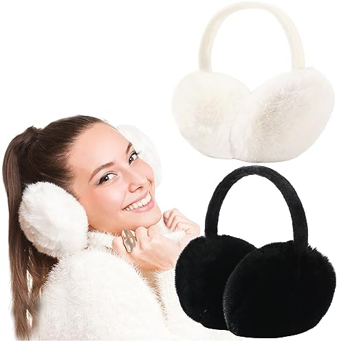FSMILING 2 Pack Ear Muffs Women Winter Adjustable Women's Earmuffs Fluffy Ear Muffs For Ladies Adults,White Black Color