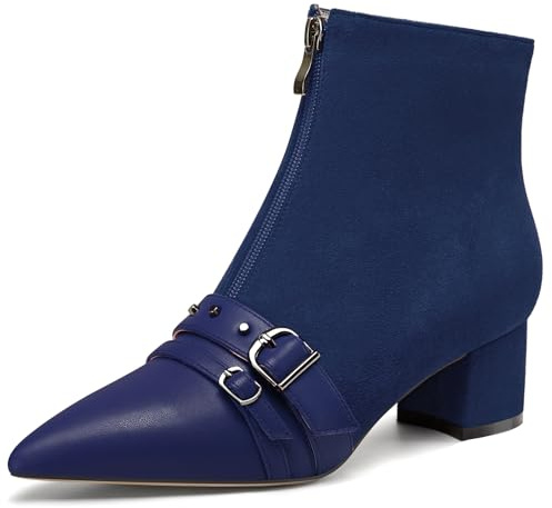 NobleOnly Femmes Mi Bloc Talon Heel Pointu Bout Rivets Patchwork Bottines Boucle Fermeture à Glissière Danse Dress Chaussures 5 CM Heels Bleu Marine 41 EU