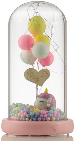 Castell Deco - Bola De Nieve con Formato Capsula, Globo De Cristal, Música y Luz - Rosa Unicornio, Innovador Decorativo, niños, Caja Musical, luz led, Luz de Noche.