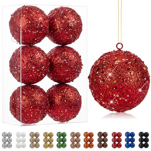 6er-Set 10cm Dekorative Weihnachtsbaumkugeln, Weihnachtskugel-Ornament mit Holografischem Glitzer Christbaumschmuck zarten Dekorationen für Weihnachtsbaum, Weihnachtshochzeitsfeier, Rot