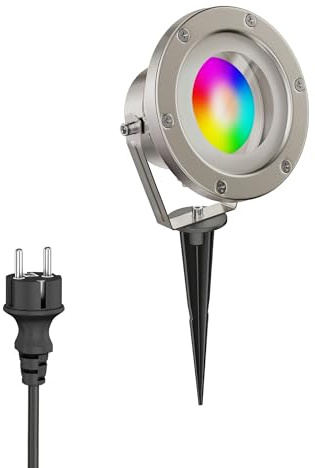 ledscom.de Gartenstrahler BULA mit Erdspieß für außen, Edelstahl + RGB Leuchtmittel warmweiß - kaltweiß (2900-6200)