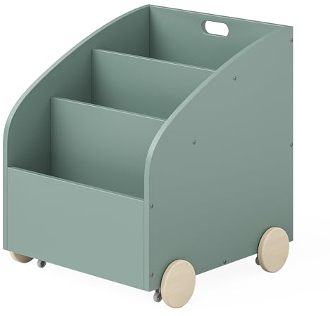Bellabino Bücherregal für Kinder Towy mit Rollen, Kinderregal mit 3 Fächern für Bücher, Spielzeug Aufbewahrung mit Geheimfach, mintgrün/Natur