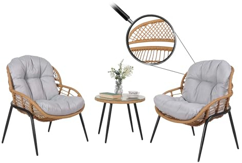 Mendler Poly-Rattan Garnitur HWC-N33, Balkon-Set Gartengarnitur Sitzgruppe Stuhl Beistelltisch - naturfarben, Polster hellgrau