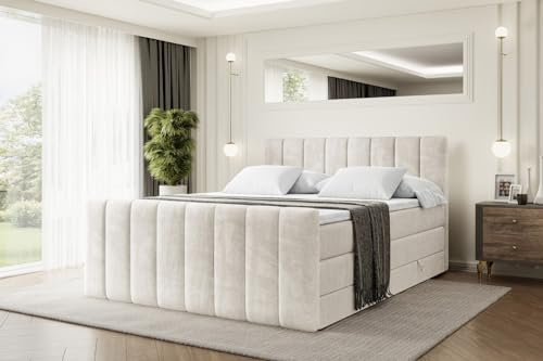 ALTDECOR Boxspringbett mit Matratze und Lattenrost, Topper, Fußteil,Polsterbett mit Bettkasten, Bett mit Stauraum H3- und H4- Matratze, Doppelbett, Springboxbett - OTTA-Z King - 180x200 - Beige Samt