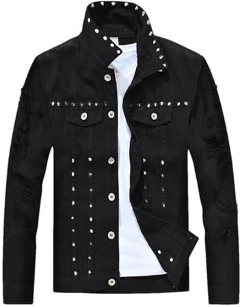 Modische Herren-Jeansjacke mit Nieten, Punk, Party, Nieten, schmale Passform, zerrissene Jeansjacke, langärmelig, Schwarz , L
