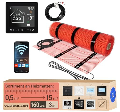 Elektrische Fußbodenheizung Set 3 m²: WLAN-Thermostat, Elektro-Heizmatte | Touchscreen, smarte App & WiFi, Bodenfühler; Flächenheizung 160 W/m², selbstklebend; für Keramikfliesen & Naturstein