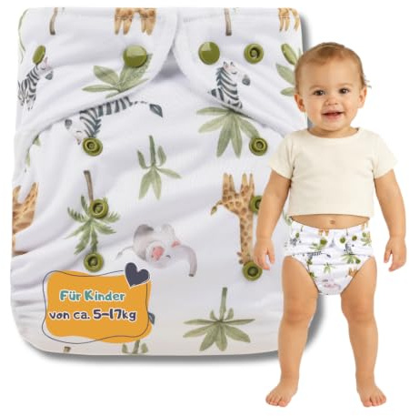 Lumina Überhose One-Size, Komfortable Soffwindel für Kinder von 5–17 kg | Windelhöschen mit Druckknöpfen für flexible Größenanpassung, weiche Windelhose mit Minky Beinbündchen, Afrika Animals