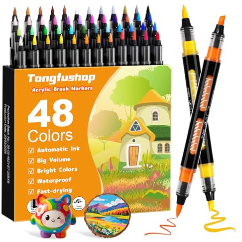 Tongfushop 48 färger akrylfärgpennor, automatisk bläckkontroll och vattenbaserade akrylmarkörer med dubbla spetsar för sten, duk, trä, giftfria tillbehör för nybörjare och konstnärer
