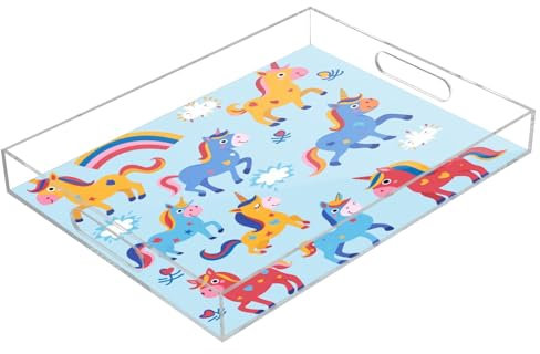 Funny Unicorn Horses Acrylic Serving Trays, Clear Rectangular Tray with Handles Serving Platter for Coffee Table Kitchen Bathroom