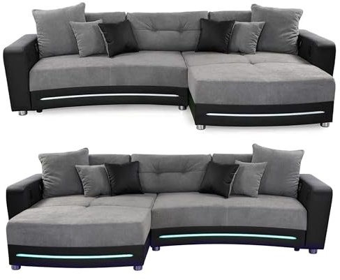 luma-Home 15411/ Multimedia Ecksofa, Kunstleder Schwarz - Mikrofaser Grau | B322/T190/H88 cm, RGB-LED Beleuchtung, Soundsystem inkl. Bluetooth, USB, AUX-in, Couch spiegelverkehrt montierbar