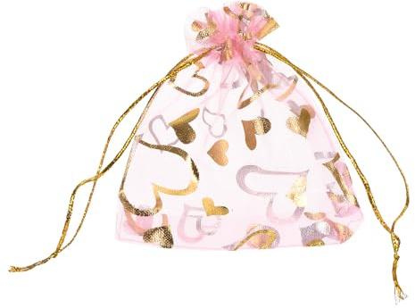 QUARKZMAN Sacchetti Organza, 9 x 12cm, Buste Regalo con Coulisse Cuore in Rete Trasparente, Sacchettini Bomboniere Ingrosso, Sacchetti per Gioielli,(Rosa-Oro, 100Pz)