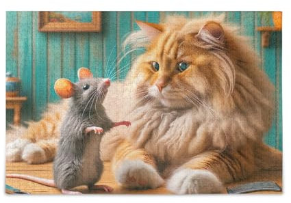 1000 Pieces Puzzles for Adults - Funny Cat Gives Mouse a Haircut Funny Puzzle Games, Full of Challenging and Exciting Educational Puzzles