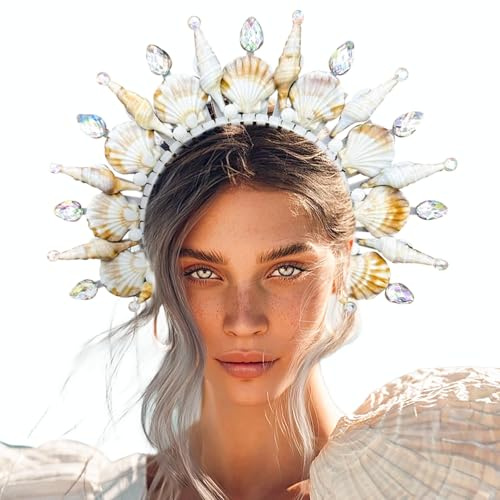 JeVenis Serre-tête, couronne de sirène en coquillage, halo doré, pour sirène, déesse, cosplay, renaissance