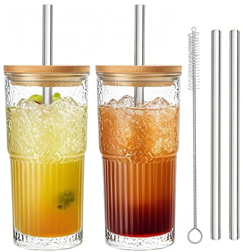 Haayymo 2 Pack Glass Cups with Lids and Straws 650ml, Ribbed Glass Tumblers with Bamboo Lids, Iced Coffee Cup Mason Jar Drinking Glasses for Smoothie, Juice, Cold Drinks & Matcha