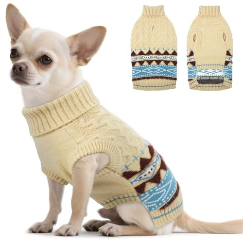 Hjumarayan Warme Hundepullover Kleine Hunde - Fair Isle Pullover Hund mit Geschirr Öffnung, Weihnachtspullover Elastisch Hundepulli Winter Sweater für Malteser Zwergpudel, Beige S