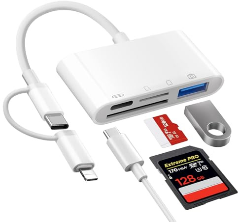 Dual Lightning & USB-C kortläsare, 4-i-2 SD/TF-kortadapter, iPhone med laddning och USB OTG-port, kamerakortvisare för iPhone 16/15/14/13/12/11/8/7/X/XS, iPad, Samsung, Android, etc