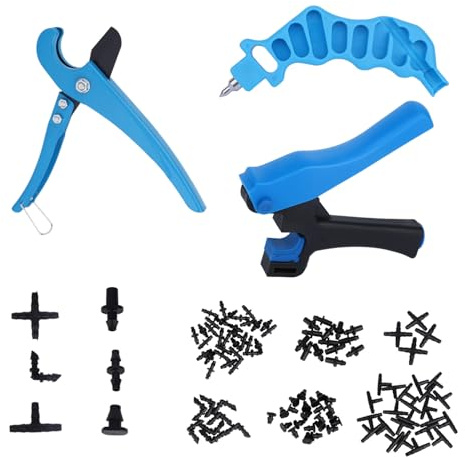 lasuroa 3pcs Drip Irrigation Hole Punch & Tubing Cutter Tool, 2-in-1 Drip Irrigation Repair Kit Sprinkler Hose Cutter Tube Puncher with 115 Goof Plugs for 1/4 Fittings 16/20/25mm PE Pipes & Emitters