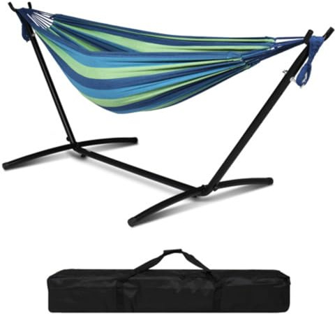 HOBBYZOO Hamac sur Pied, Capacité de Charge 250kg, Réglable en Hauteur, 305x109x104 cm, Support métallique - pour 1-2 Personnes (Bleu-Vert)