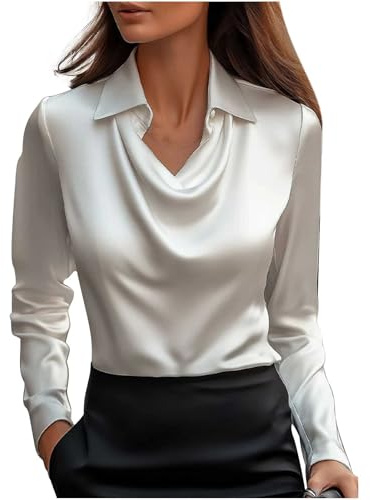 KODMNSW Blusen Damen Stretch Satin Bluse Elegante Oberteile Langarm Shirts Festliche Blusen Elegant Seidig Shirt Hemdbluse Arbeitshemd Seiden Business Blusenshirt Lässiges Langarmshirt