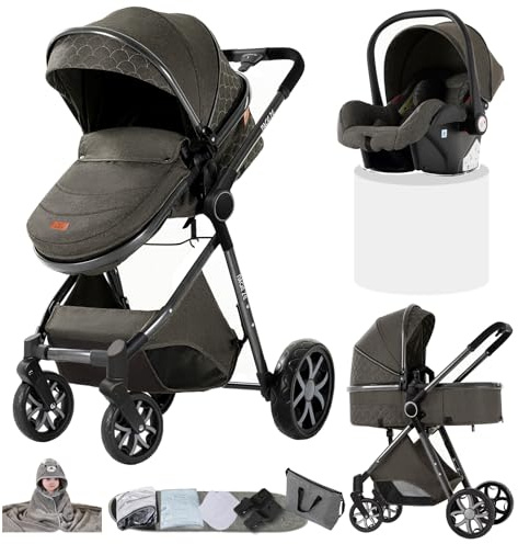 Doraystar Kinderwagen 3 in 1, Kombikinderwagen 3 in 1 Komplettset mit Zwei Umkehrbaren Schiebemodi, Kinderwagen Set mit Ein-Klick-Faltdesign, Rahmen Aluminiumlegierung (YV9 Deep Grey)