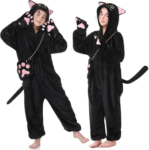 LumenVela Disfraz Gato Niña, Disfraces Infantiles Animales con Bolso Cruzado, Pegatina, Pijama de Una Pieza Disfraces Halloween Niña Disfraz de Gato para Halloween, Carnaval, Cosplay, Fiesta (L)