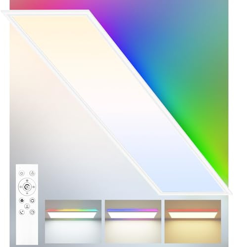 zemty RGB LED Panel Deckenleuchte 100x25 cm, 34W 3700LM Vielfarbig Deckenlampe Flach mit Fernbedienung Dimmbar, 3000-6500K Tageslichtlampe Decke Lang für Küche Schlafzimmer Wohnzimmer